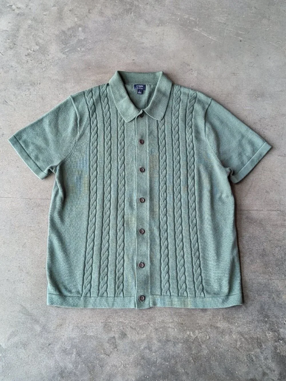J. Crew Short Sleeve Cotton Cable Knit Cardigan Sweater Polo Green large